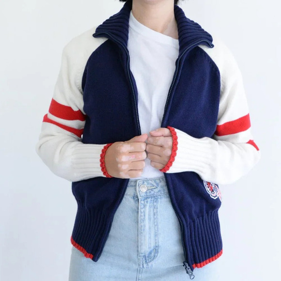 Vintage Route 66 Navy Red Knit Patriotic America 1776 100% Cotton Zip Sweater M - Picture 3 of 11